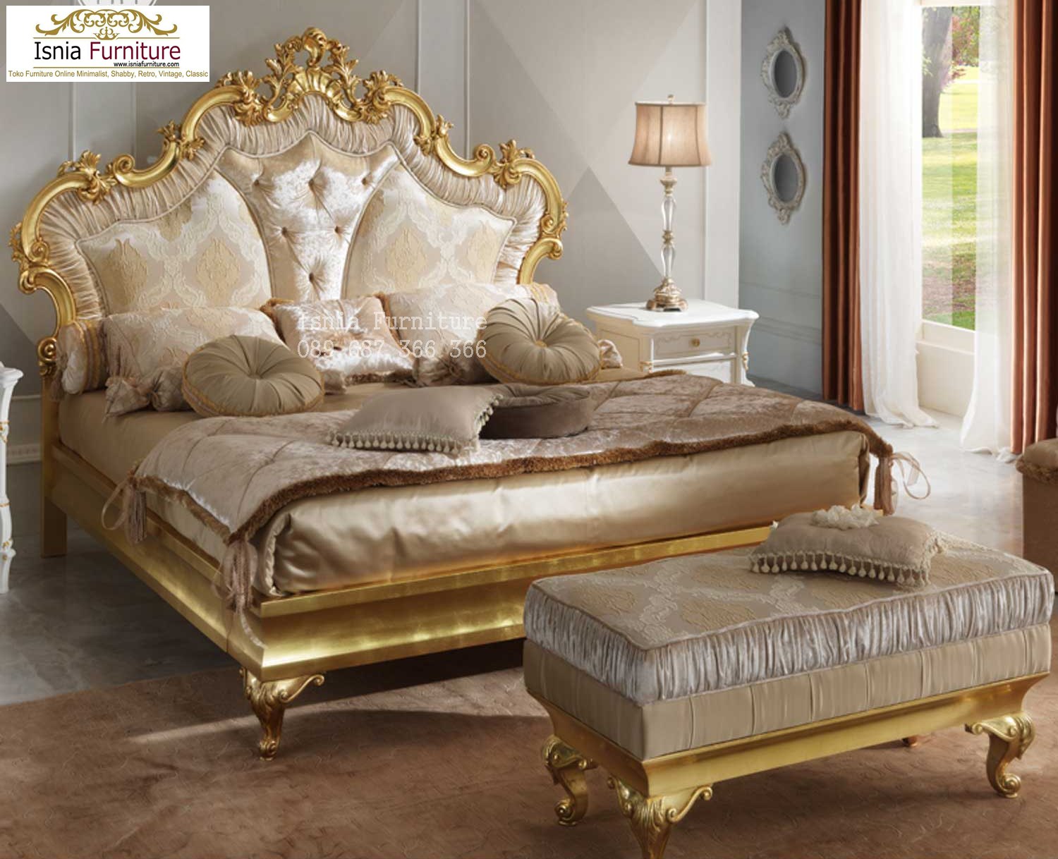 Dipan Tempat Tidur Mewah Kayu Ukir Gold Desain Klasik